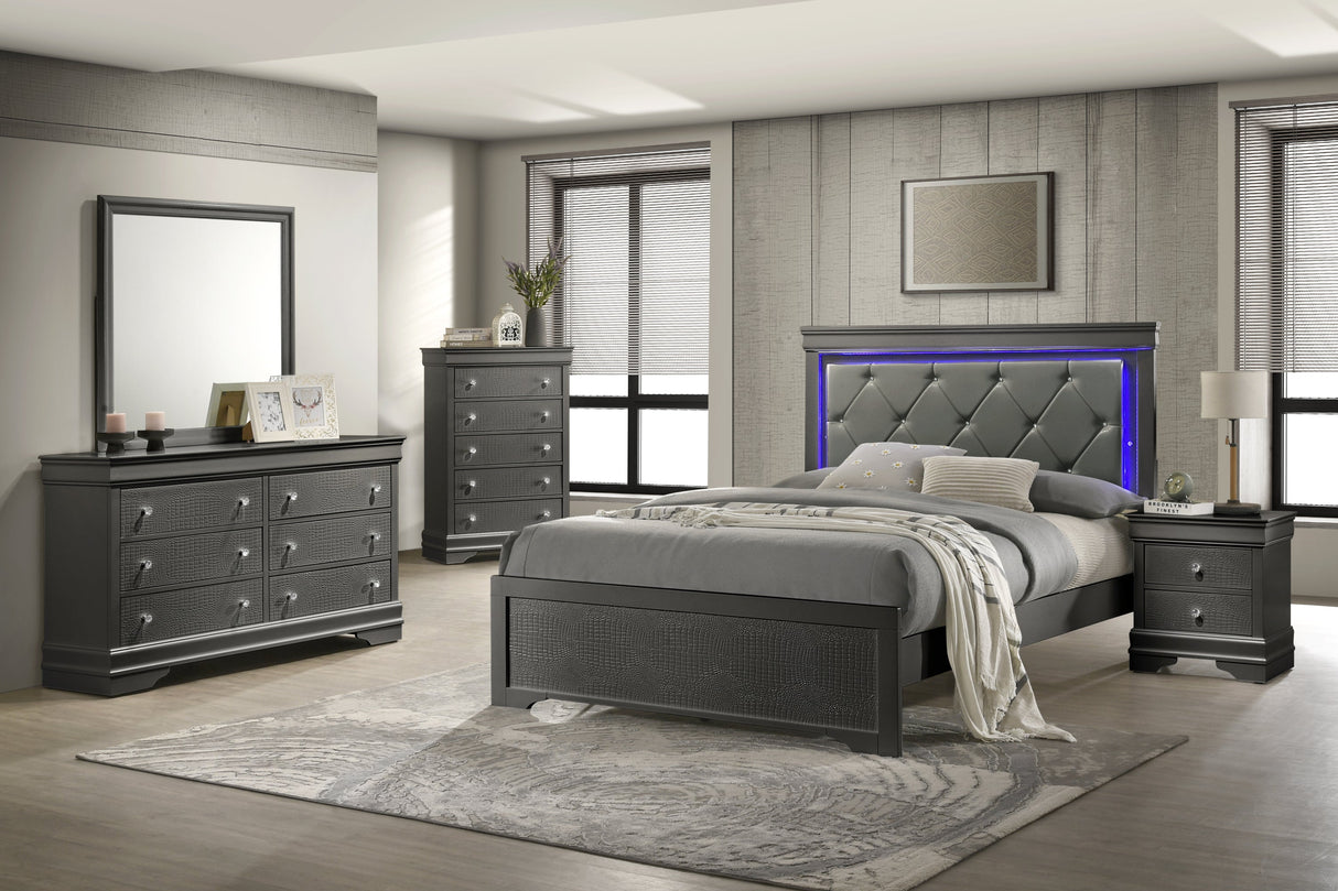 Blaze Upholstered Modern Style 5 Pc King Bedroom Set with LED Headboard Made with Wood in Metallic Gray(CA WAREHOUSE) - sold by Home Elegance USA