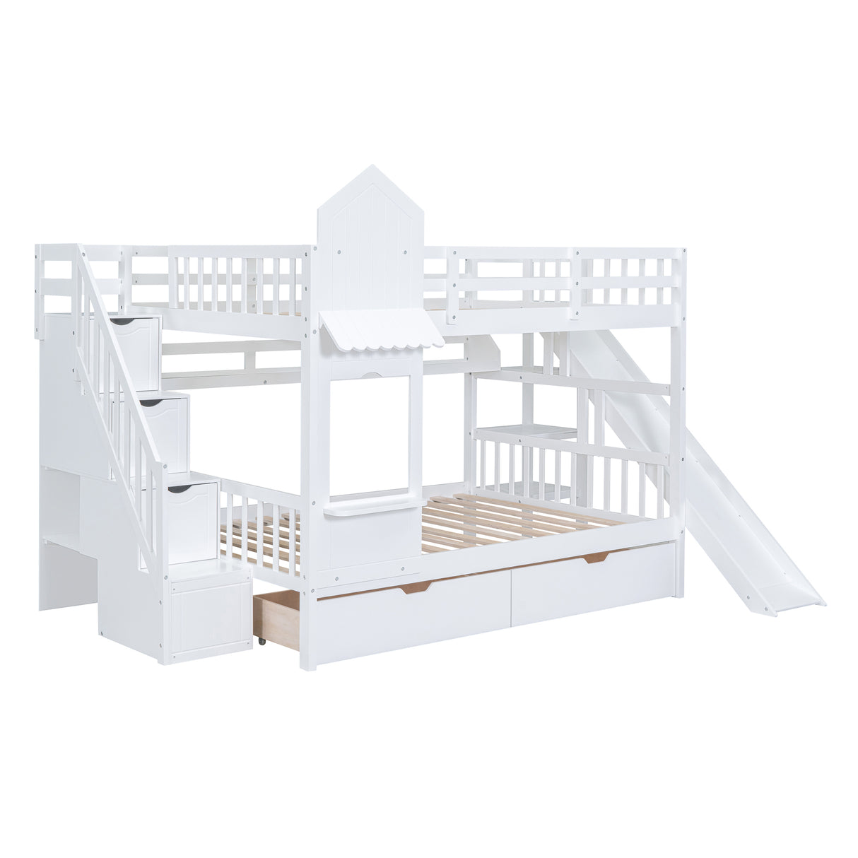 Full-Over-Full Castle Style Bunk Bed with 2 Drawers 3 Shelves and Slide - White(OLD SKU:LT000558AAK-2) - sold by Home Elegance USA