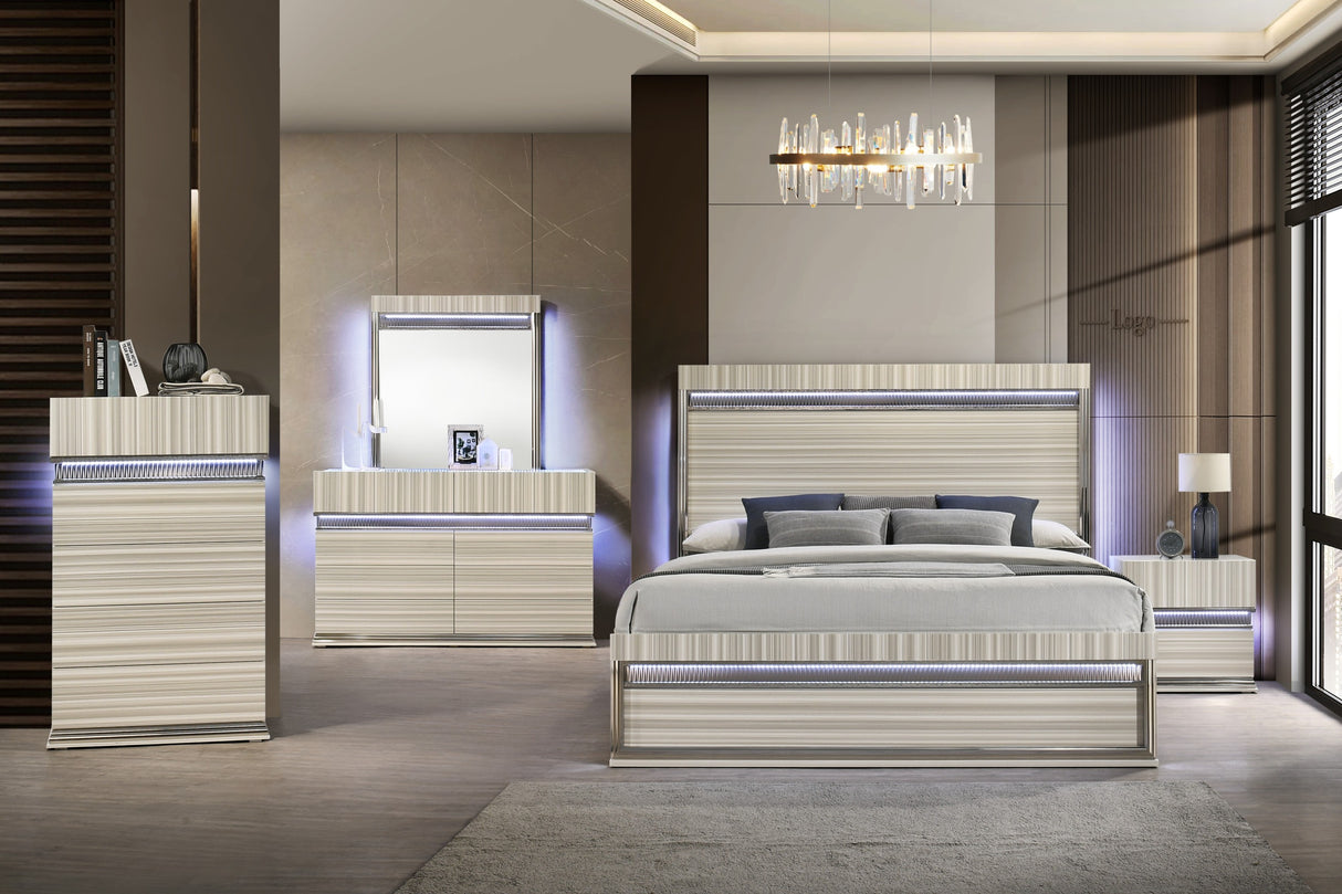 Leonor Modern King 5Pc Bedroom Set made with wood and LED in Gray with clean linear detailing