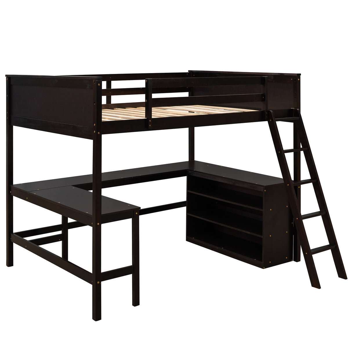 Full size Loft Bed with Shelves and Desk, Wooden Loft Bed with Desk - Espresso - Home Elegance USA