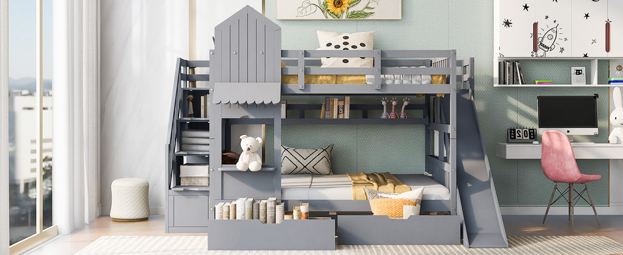 Full-Over-Full Castle Style Bunk Bed with 2 Drawers 3 Shelves and Slide - Gray(OLD SKU:LT000558AAE-2) - sold by Home Elegance USA