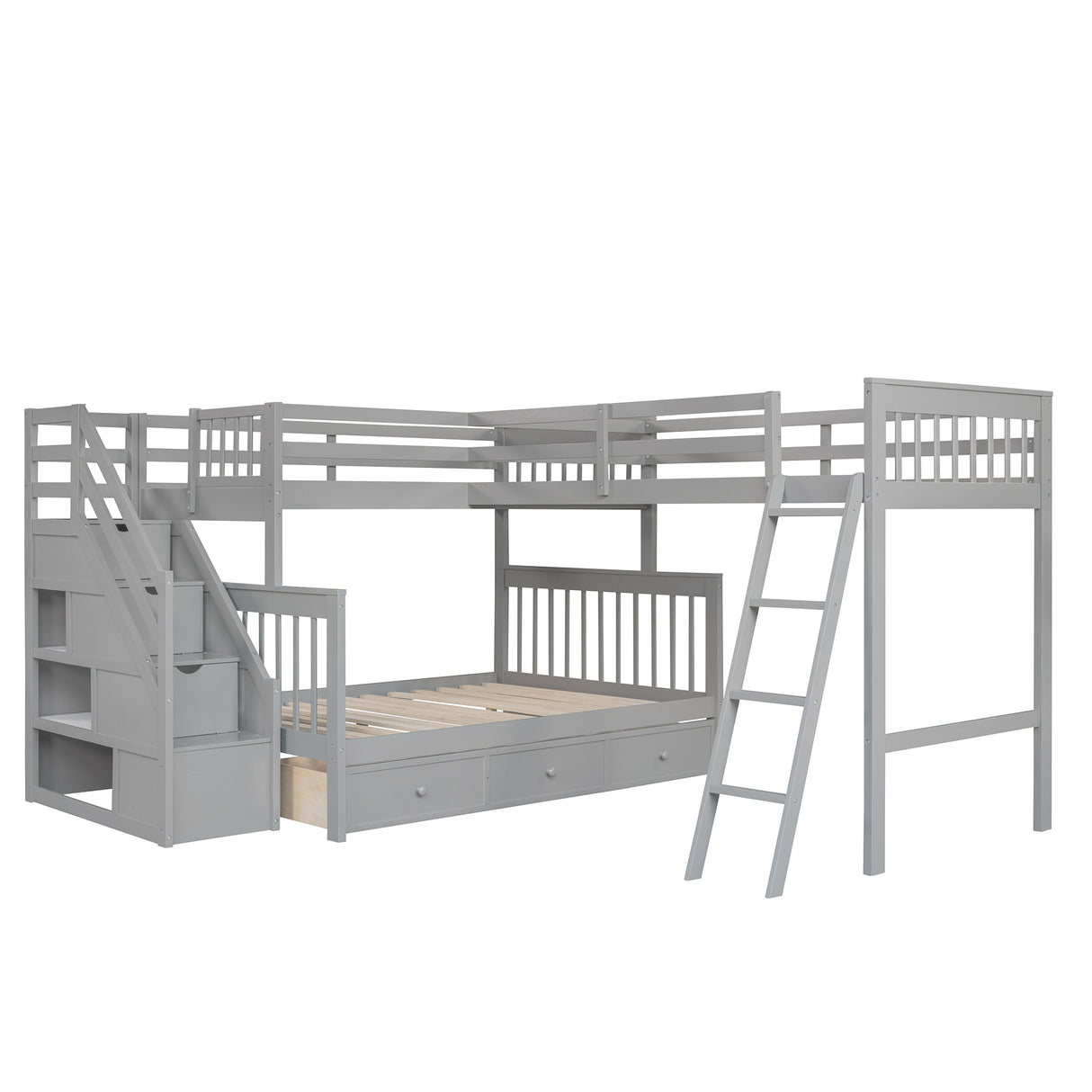 Twin over Full L-Shaped Bunk Bed With 3 Drawers, Ladder and Staircase - Gray - sold by Home Elegance USA