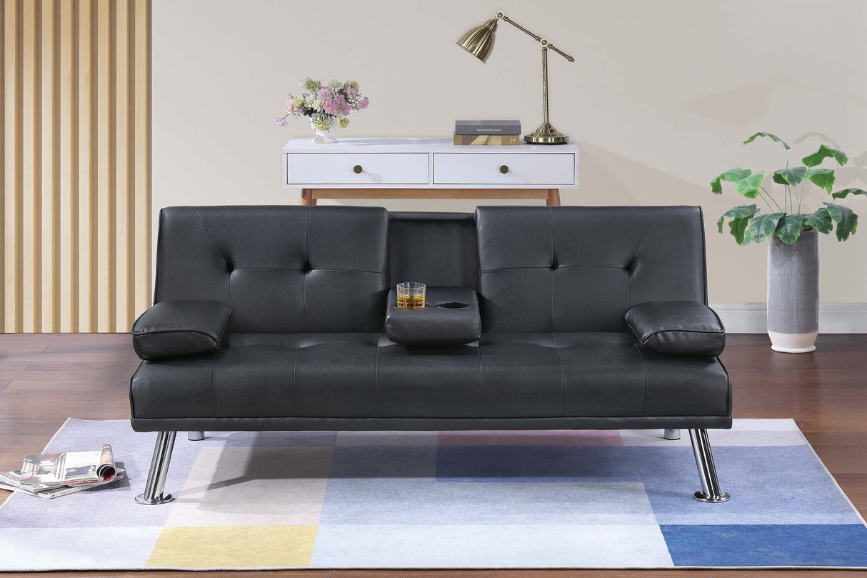Black Color Faux Leather 1pc Adjustable Sofa Fold-Down Table W/ Cup Holders Tufted Upholstered Plush Cushion Couch Living Room