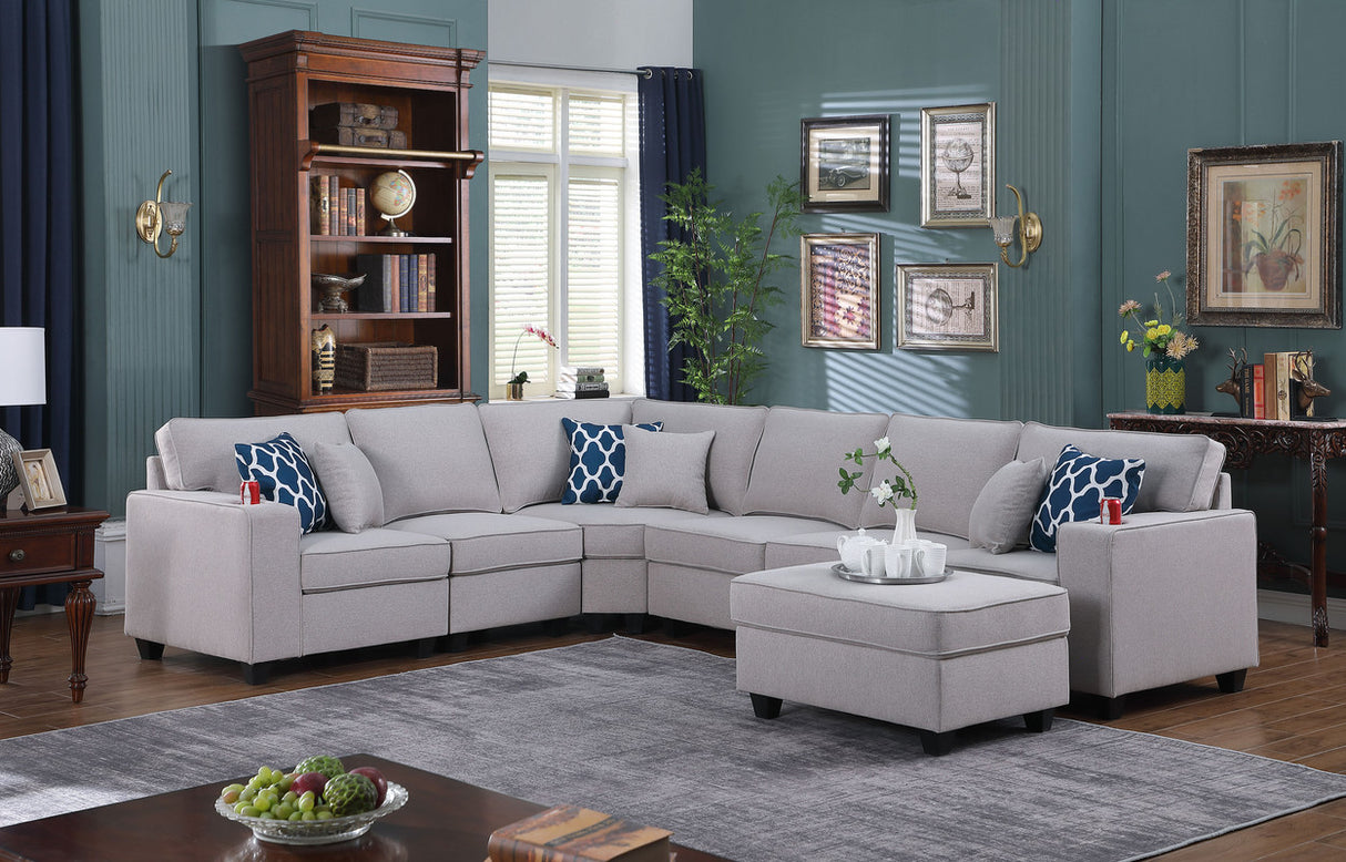 Cooper 125' Light Gray Linen 7Pc Reversible L-Shape Sectional Sofa with Ottoman and Cupholder