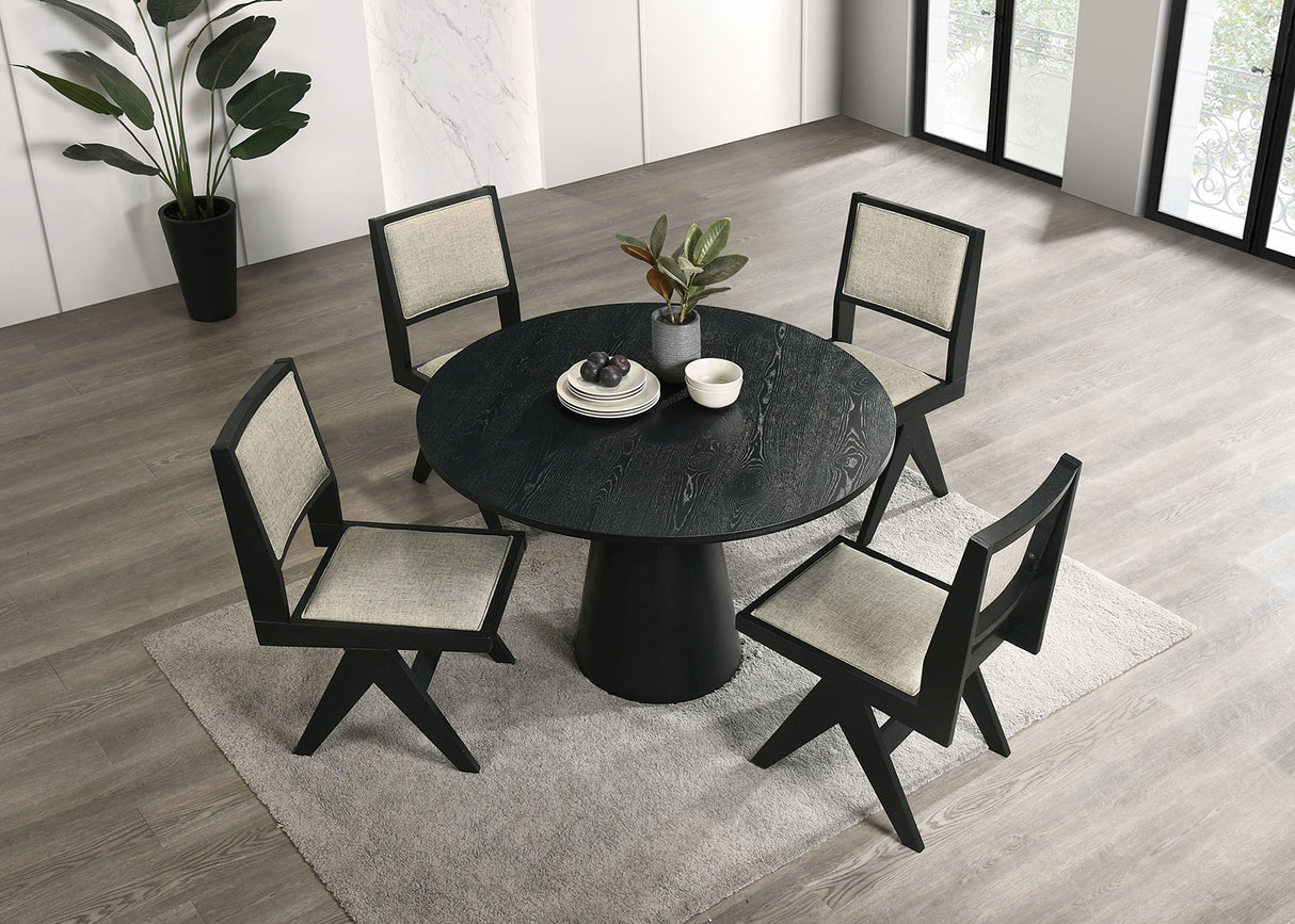 Juego de comedor contemporáneo de 5 piezas en negro, mesa tapizada en gris con 4 sillas laterales, mesa de comedor redonda de 48 pies