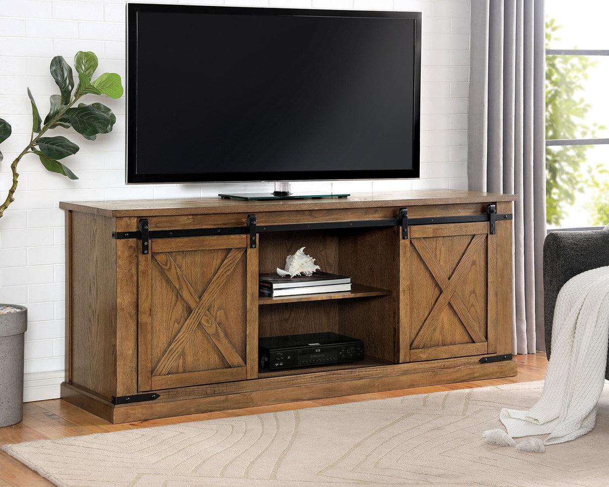 Rustic Style TV Console Base Sliding Doors Metal Accents Multiple Open Storage Shelves X-Design Front Doors Dark Oak Finish - Home Elegance USA