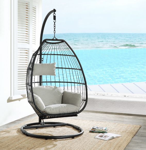 Acme - Oldi Hanging Chair 45115 Beige Fabric & Black Wicker