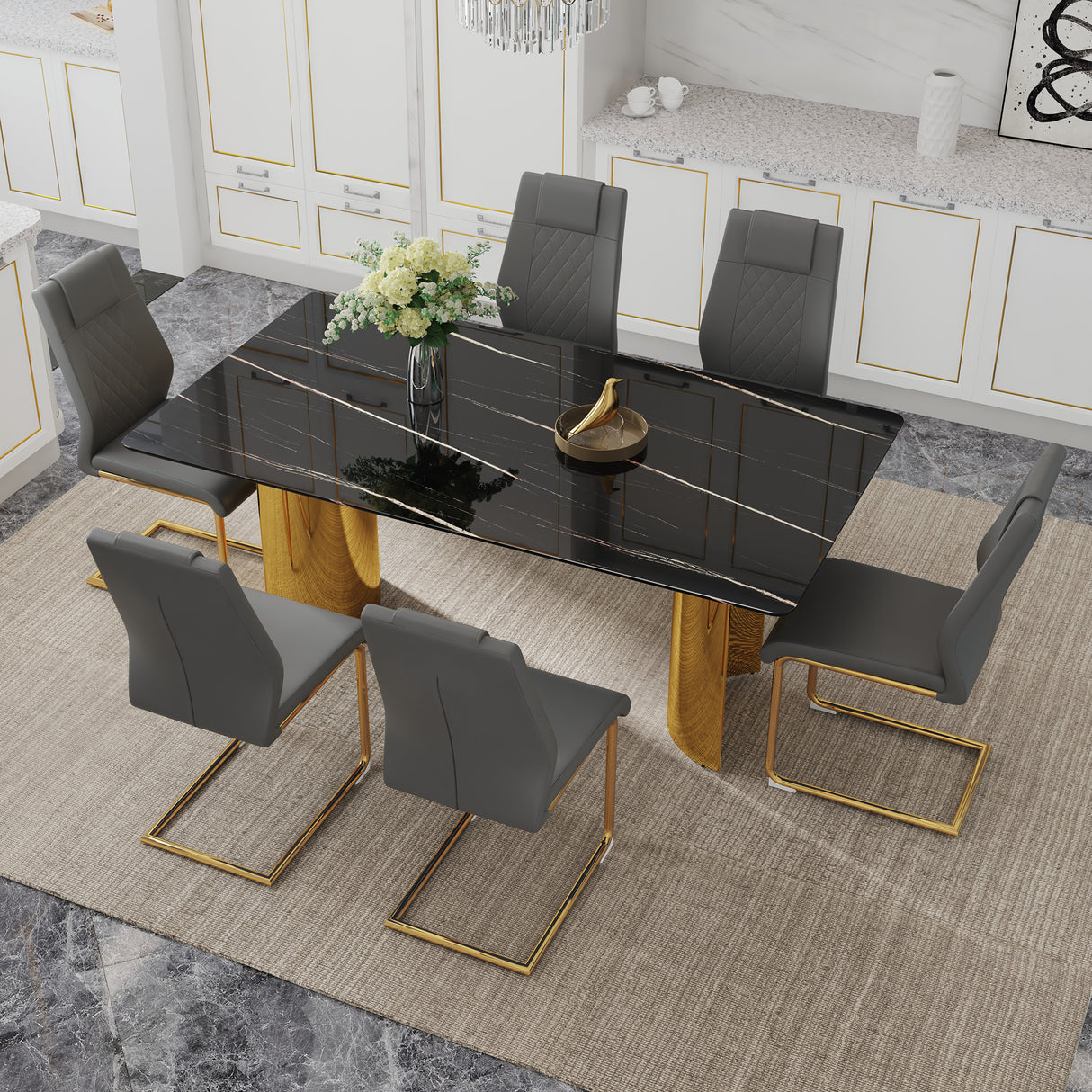 Table and chair set.The table has a glass tabletop with imitation marble pattern stickers and stainless steel golden legs. Paried with 6 comfortable chairs with PU seats and metal legs.W1151S01515