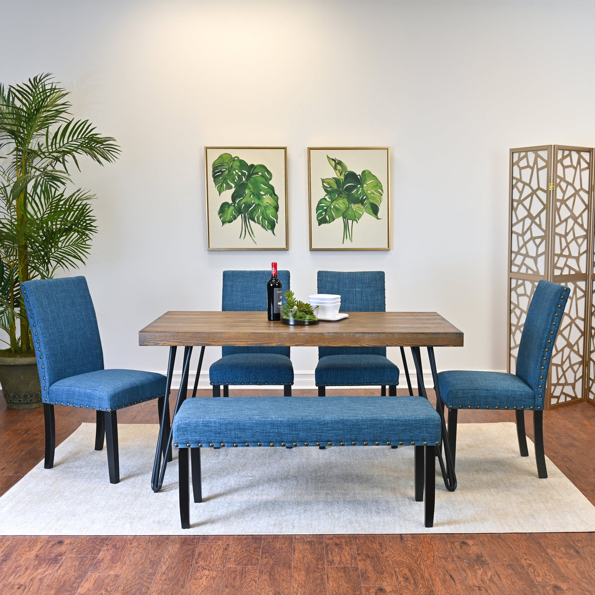 Amisos 6-Piece Dining Set, Hairpin Dining Table with 4 Chairs and Upholstery Bench, 3 Color Options - sold by Home Elegance USA