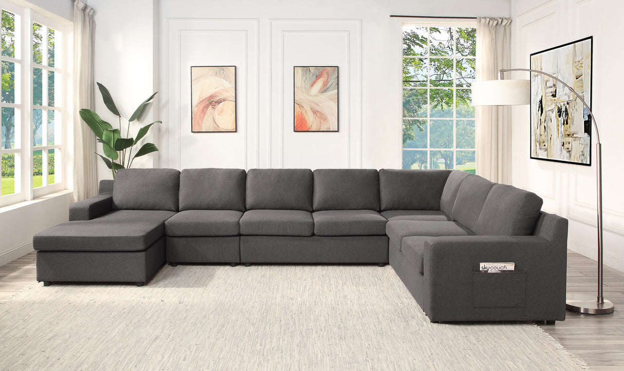 Waylon 145.5' Gray Linen 7-Seater U-Shape Sectional Sofa Chaise with Pocket