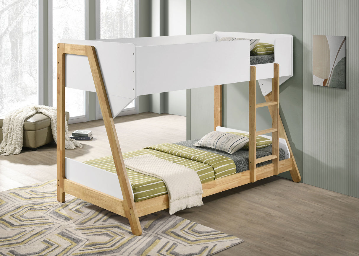 Wyatt Wood Twin Over Twin Bunk Bed White and Natural - Home Elegance USA