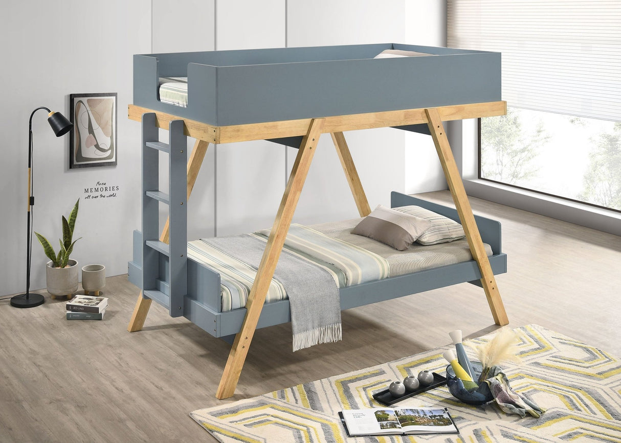 Twin / Twin Bunk Bed - Frankie Wood Twin Over Twin Bunk Bed Van Courtland Blue and Natural