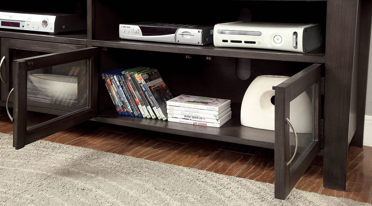 Transitional Style TV Console Base With Dual Cabinet And Two Open Shelves 3mm Tempered Glass On Cabinet Doors Rear Wearing Access Gray Finish - sold by Home Elegance USA