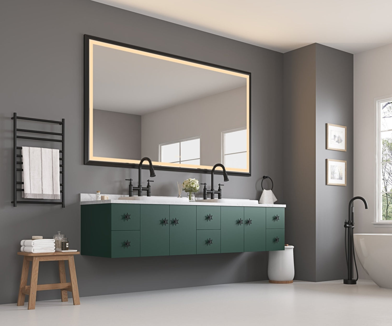 84in. W x 48in. H Oversized Rectangular Black Framed LED Mirror Anti - Fog Dimmable Wall Mount Bathroom Vanity Mirror HD Wall Mirror Kit For Gym And Dance Studio 48X 84Inches With Safety Ba | Home Elegance USA