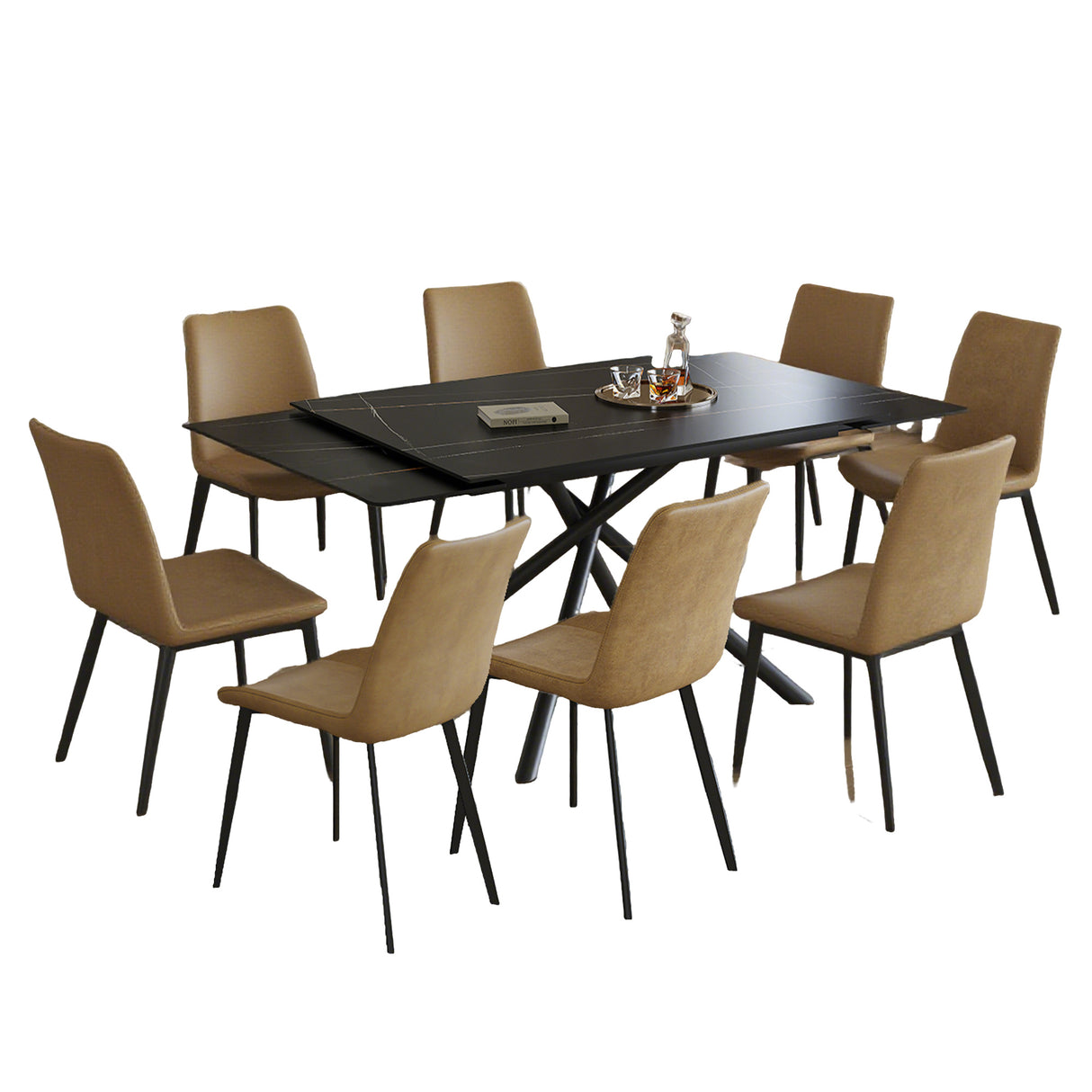 Modern Retractable Sintered Stone Dining Table Set with Black Carbon Steel Legs and Cross-Leg Structure, Table + 8 Chairs