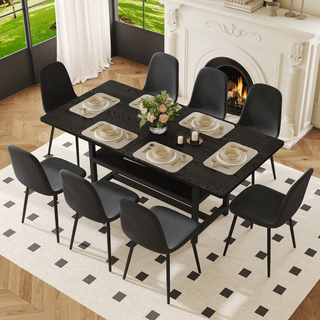 Table and chair set.71*35.4 inch Black Grain Spliced Dining Table With Storage Function In The Middle Of The Table Legs.Paired with 8 Black Linen-Cotton Material High Resilience Dining Chair.