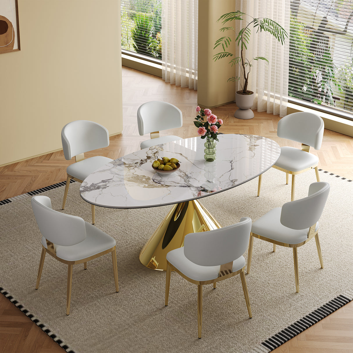 71' Modern Luxury Marble Dining Table Set for 4-6 People - Oval Kitchen Table with Gold Stainless Steel Base & 6 Padded Chairs - Elegant Contemporary Dining Room Furniture