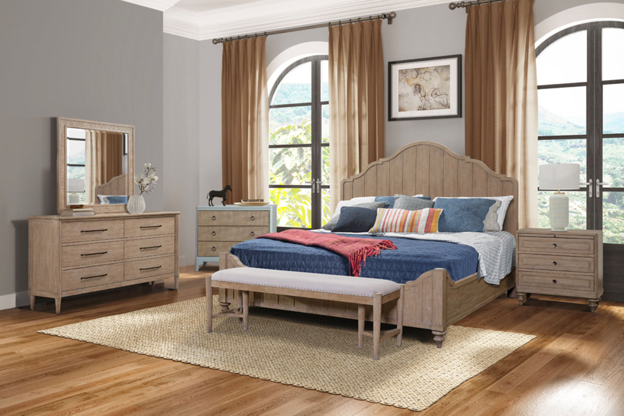Queen 338-105 Panel Bedroom Set With 3 Drawer Nightstand, Casual Dresser, Cane Mirror, 3 Drawer Cane Front Chest and Bench