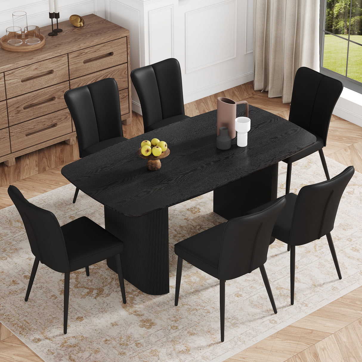 Table and chair set.67 * 35.4 inch black wood grain MDF dining table:a simple and luxurious choice.Paired with 6 Black PU chairs with a vertical stripe design on the backrest and black metal legs.