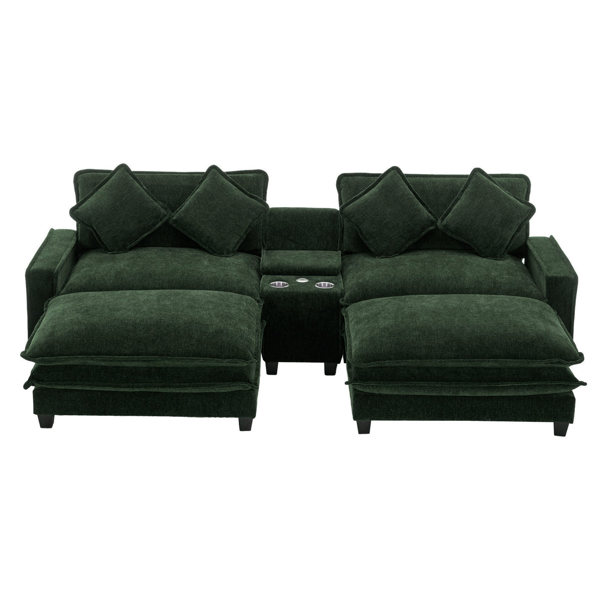 Chenille Upholstered 111' Sectional Sofa with Two Removable Ottomans, USB Ports, Cup Holders, and Storage, Green - sold by Home Elegance USA