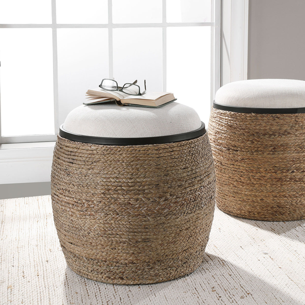 Island Straw Accent Stool White & Light Brown - White / Light Brown by Uttermost - View 4