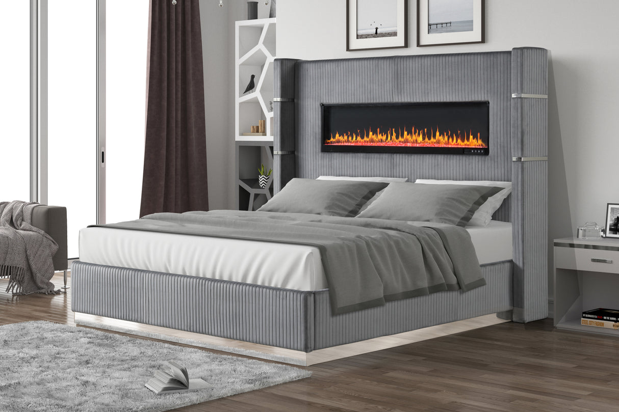 Lizelle Upholstery Wooden King Bed with Ambient lighting in Gray Velvet Finish same as B00977486 (CA inventory)