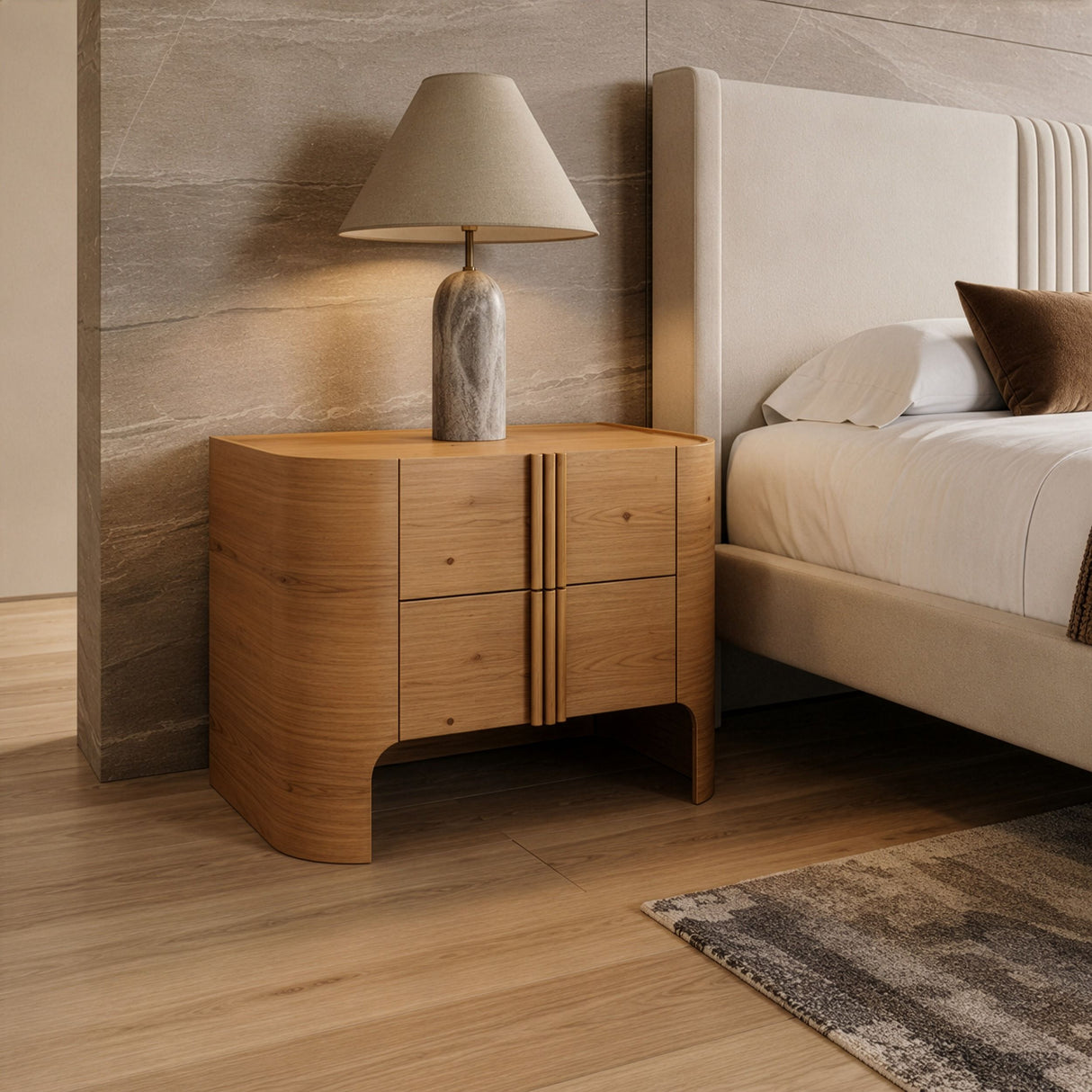 Eastern King Newhart - Modern Beige Fabric + Natural Oak 4-Piece Bedroom Set