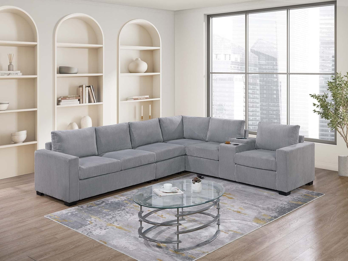 Modern Large Family Light Gray Corduroy 6pc Sectional Set Living Room One Arm Loveseat Wedge Console Armless Chair Couch Set - sold by Home Elegance USA