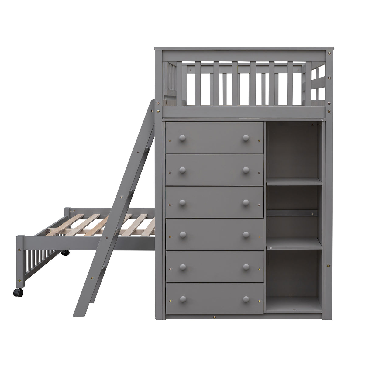 Wooden Twin Over Full Bunk Bed With Six Drawers And Flexible Shelves,Bottom Bed With Wheels,Gray(OLD SKU:LP000531AAE) - sold by Home Elegance USA