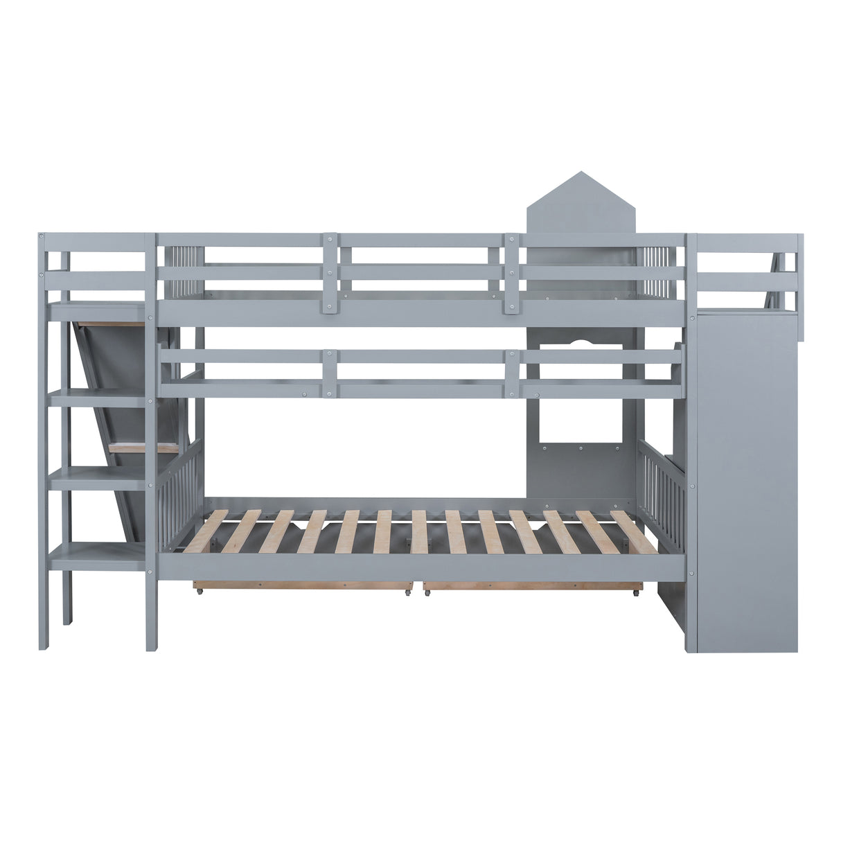 Full-Over-Full Castle Style Bunk Bed with 2 Drawers 3 Shelves and Slide - Gray(OLD SKU:LT000558AAE-2) - sold by Home Elegance USA