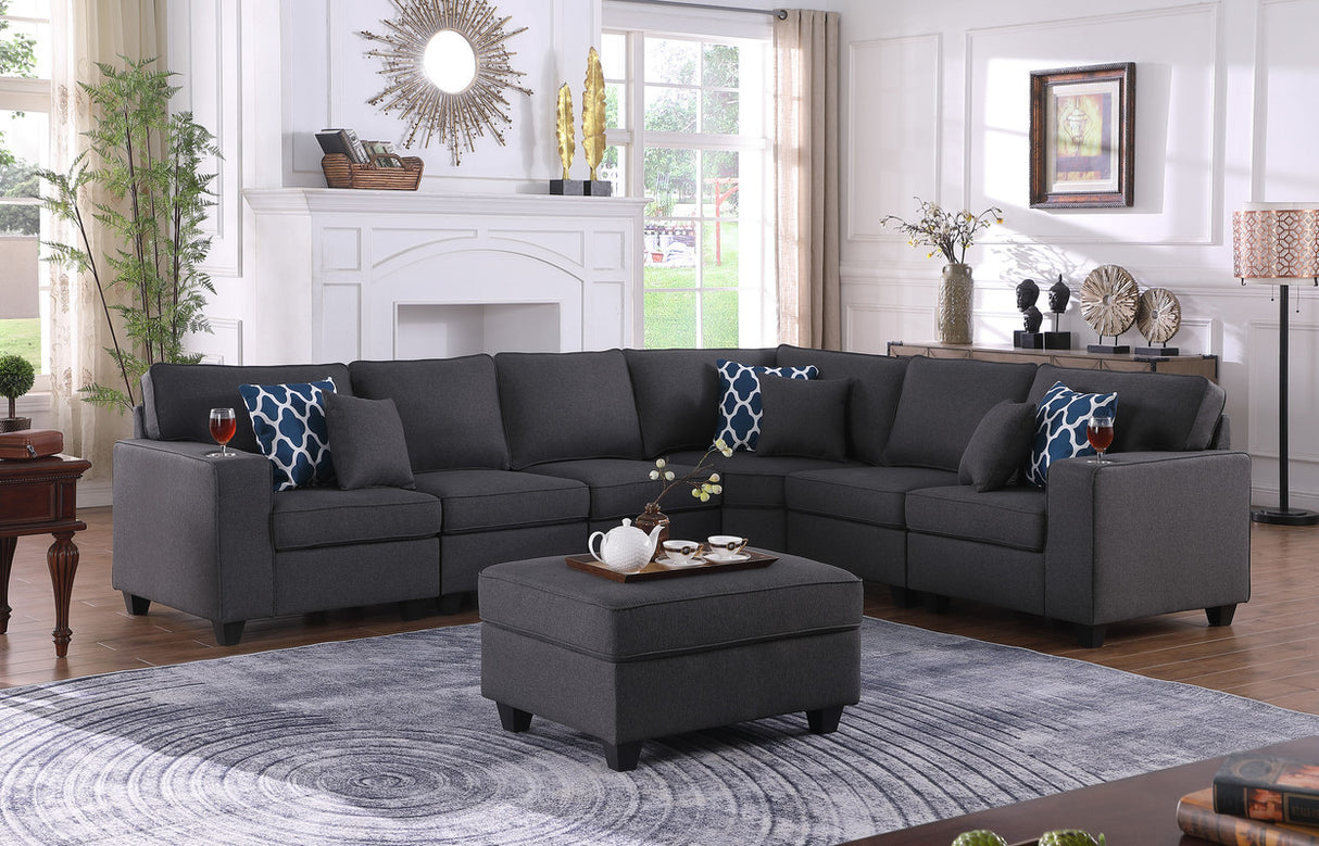 Cooper 125' Dark Gray Linen 7Pc Reversible L-Shape Sectional Sofa with Ottoman and Cupholder