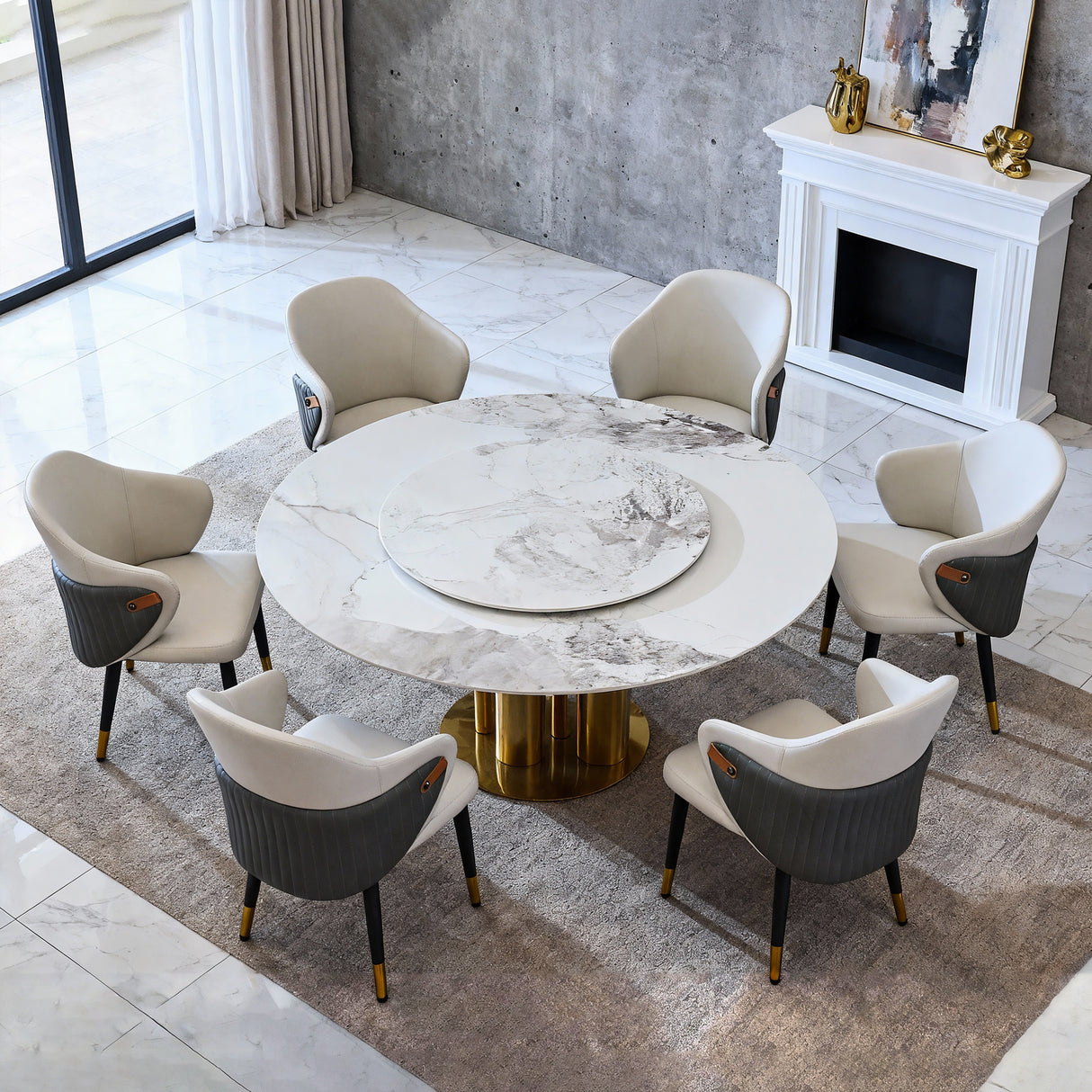 59' Round Dining Table with 360° Smooth Lazy Susan, Stain & Heat Resistant Sintered Stone Tabletop, Modern Minimalist Design for Kitchen, Dining Room, Compact Spaces(6 chairs)