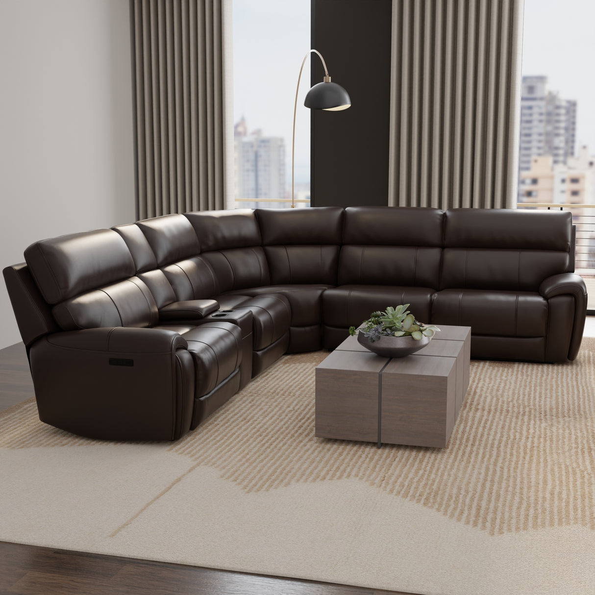 6-Piece Leather Power Sectional in Brazil Tobacco