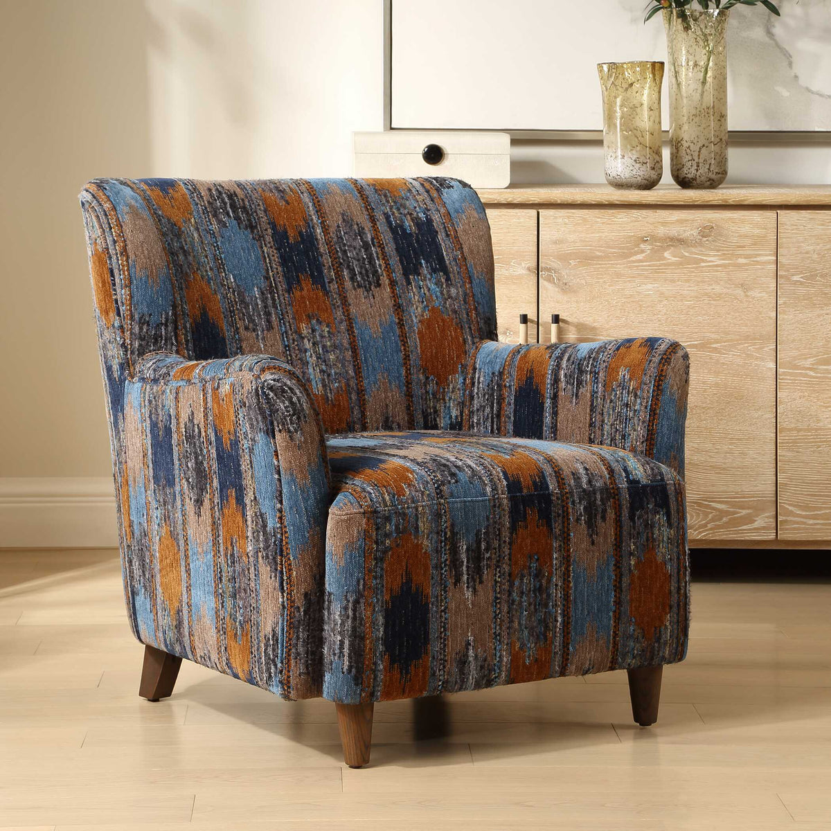 Lainey Upholstered Ikat Armchair Blue / Brown / Orange - Blue / Dark Brown by Uttermost - View 4