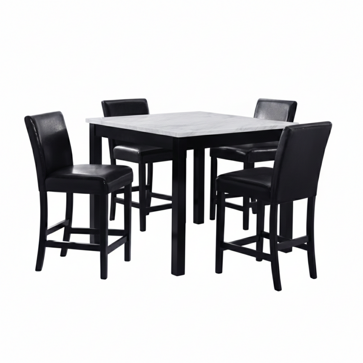 Modern 5pc Counter Height Dining Set with White Faux Marble Table, Black Wooden Legs, Faux Leather Upholstered Chairs in White and Black