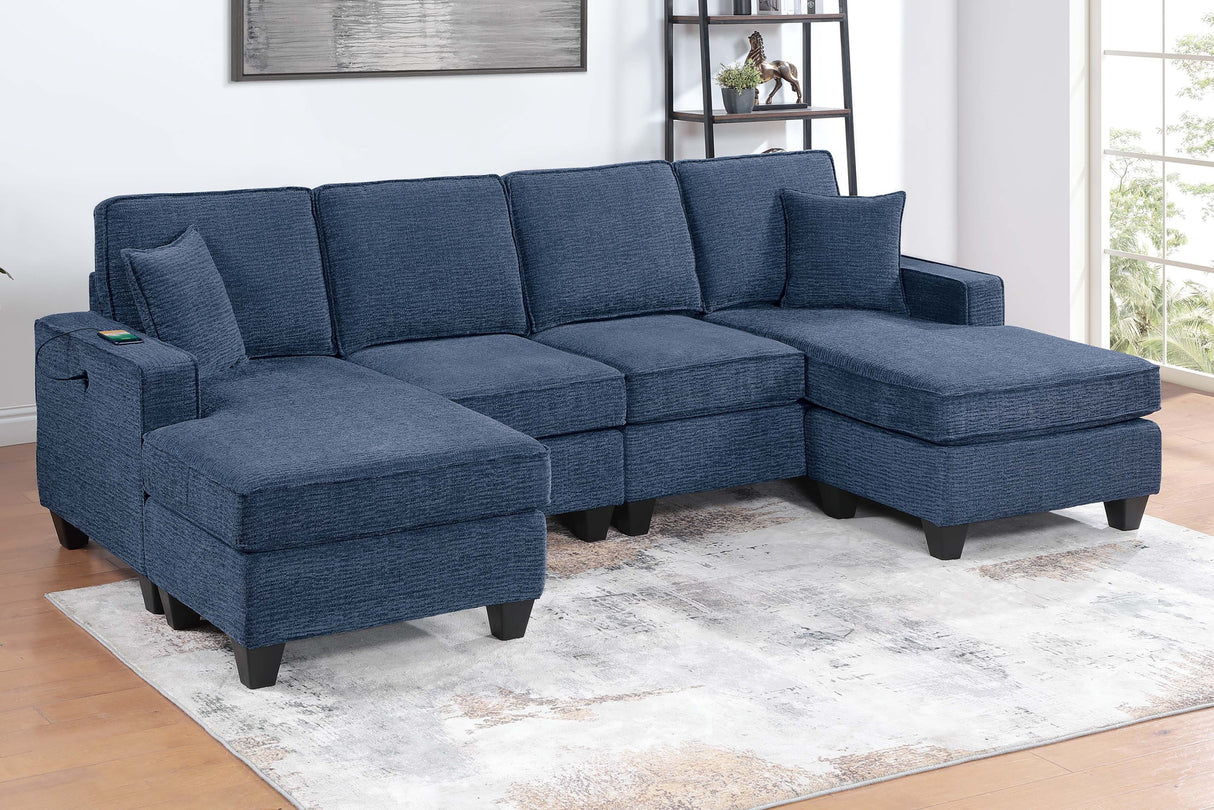 3pc Sectional Set Dark Blue Finish Right Arm And Left Arm Chaise USB Port Armless Loveseat Plastic Legs Matching Two Pillows Primary Living Room