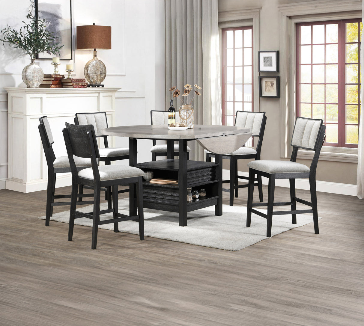 7pc Farmhouse Contemporary Counter Height Dining Set Storage Table Single Pedestal Round Black Gray Natural Grain Integrated Turntable Drop Leaves Built-in Shelving Fabric Upholstery Chairs
