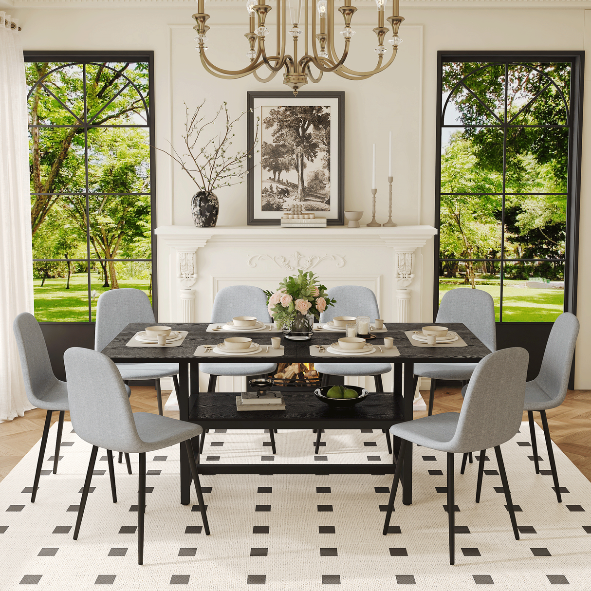 Table and chair set.71*35.4 inch Black Grain Spliced Dining Table With Storage Function In The Middle Of The Table Legs.Paired with 8 Light Gray Linen-Cotton Material High Resilience Dining Chairs. - sold by Home Elegance USA