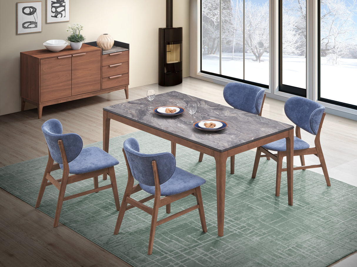 Bevis 5-Piece Walnut Finish Dining Set with Gray Marble-Look Tabletop and Blue Upholstered Chairs - sold by Home Elegance USA