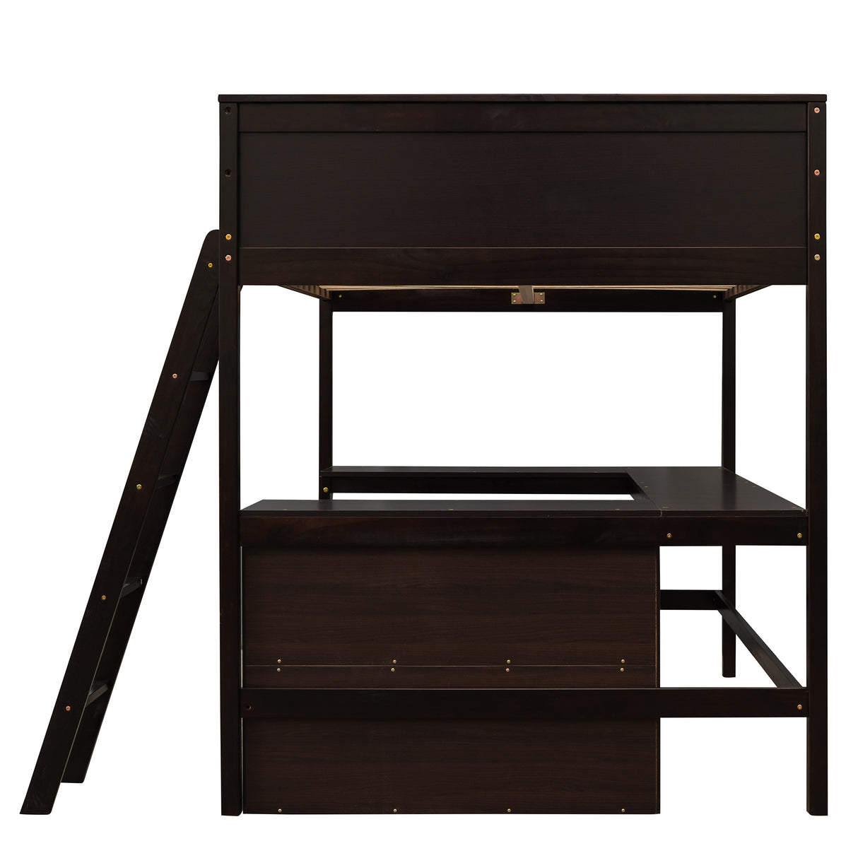 Full size Loft Bed with Shelves and Desk, Wooden Loft Bed with Desk - Espresso - Home Elegance USA