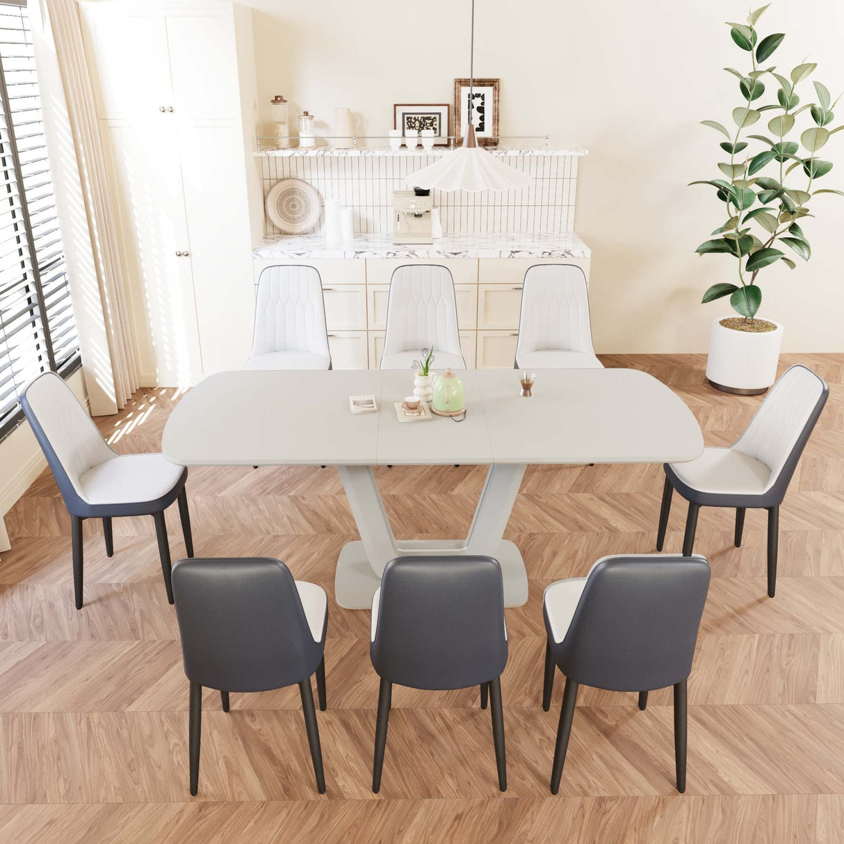 Juego de mesa de comedor expandible de 62,99 a 78,74 pies para 2 a 8 personas, equipado con 8 sillas de comedor acolchadas gruesas de tela de PU y una espaciosa mesa de comedor, mesa de cocina y sillas, con patas de mesa en forma de U