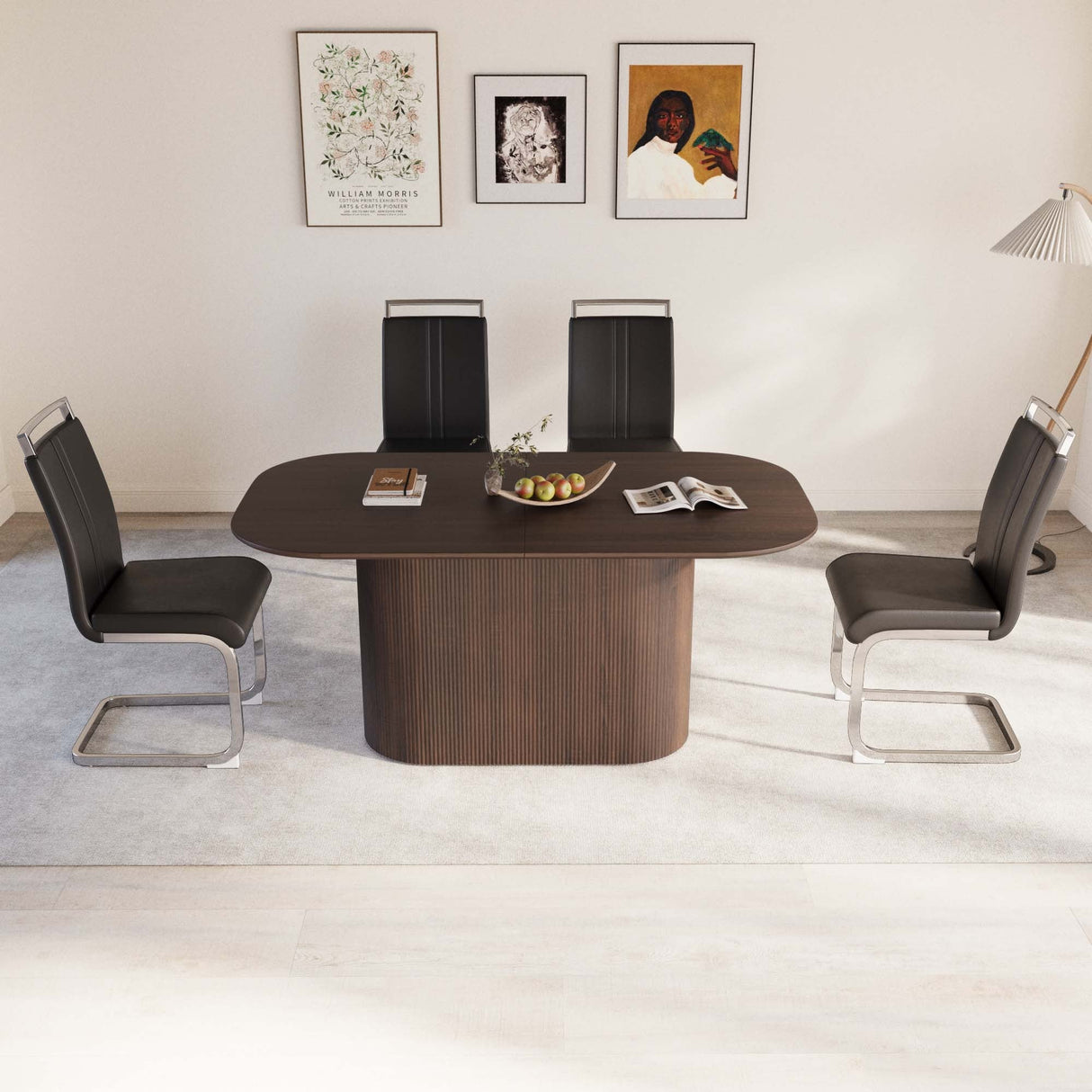 63 'medieval modern brown style MDF dining table and PU armless dining chair set 4. Assemble Desktop and Silver plated metal leg dining chair set, suitable for home&kitchen - sold by Home Elegance USA