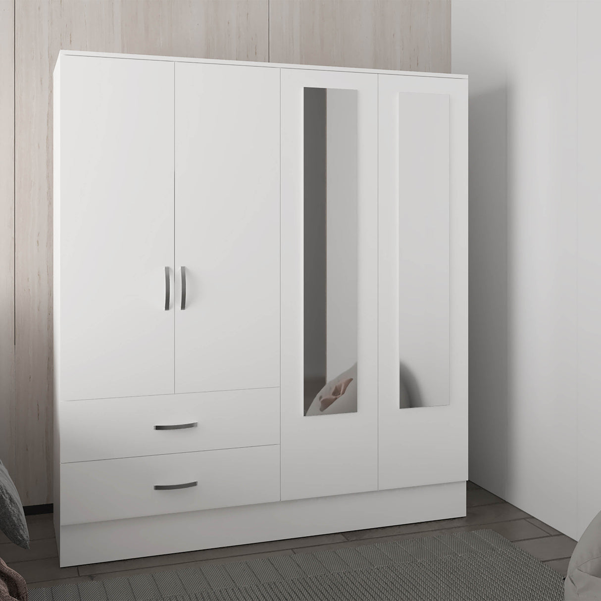 Bolton 160 Armoire, Six Shelves, Two Double Door Cabinets, Two Mirrors, Two Drawers, White - Home Elegance USA