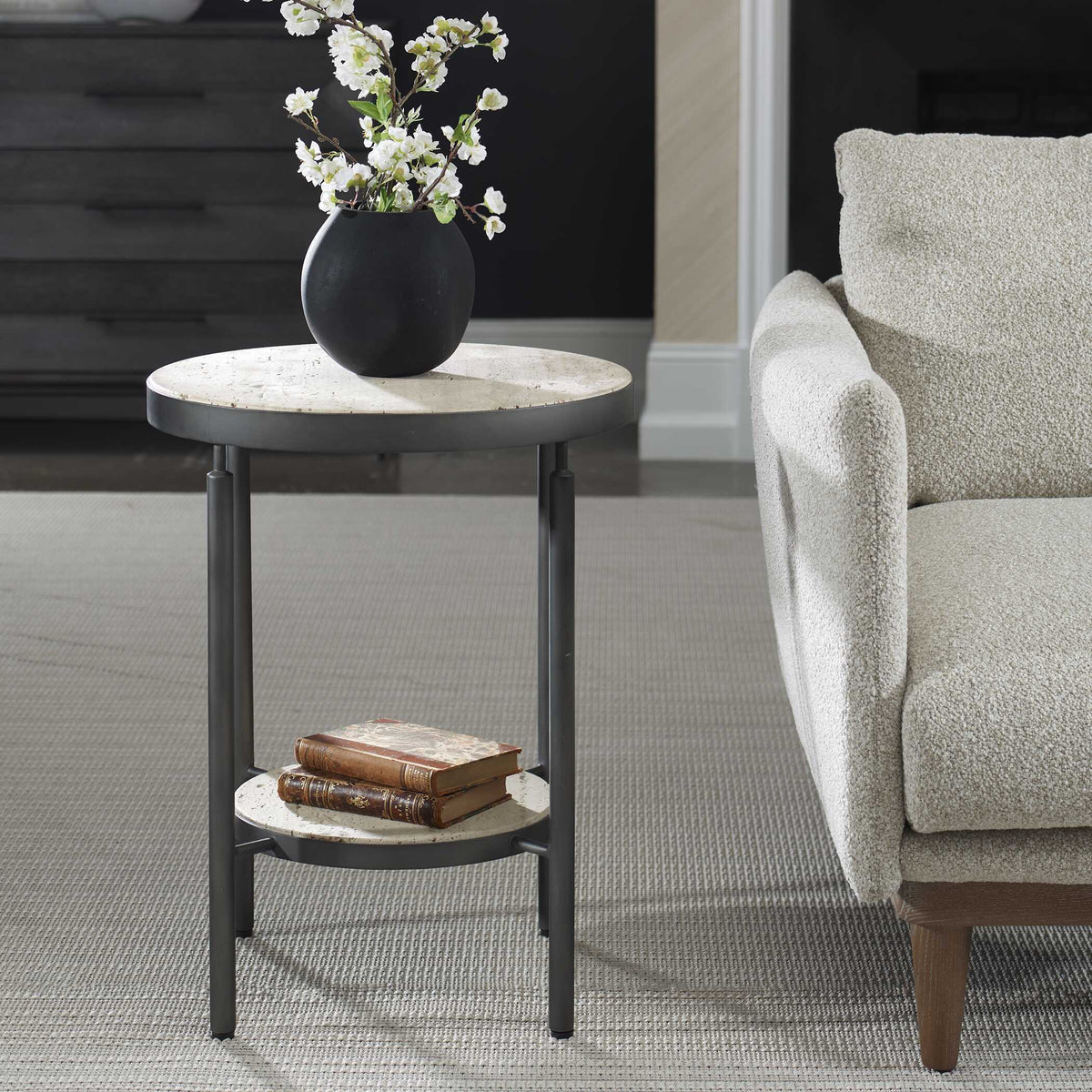Dauntless Side Table Travertine - Black / Beige by Uttermost - View 4
