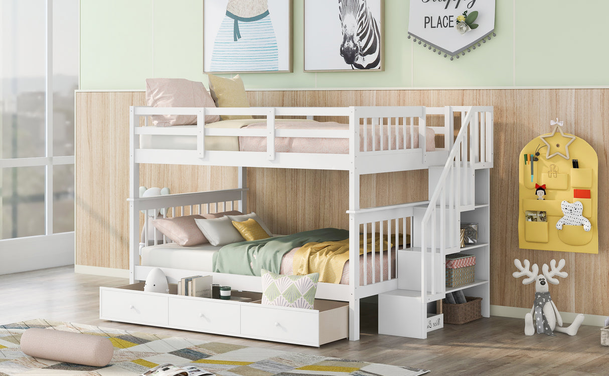 Stairway Full-Over-Full Bunk Bed with Drawer, Storage and Guard Rail for Bedroom, White - sold by Home Elegance USA