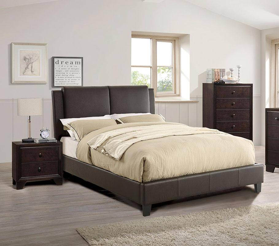 California King Size Bed 1pc Bed Set Brown Faux Leather Upholstered Two - Panel Bed Frame Headboard Bedroom Furniture | Home Elegance USA