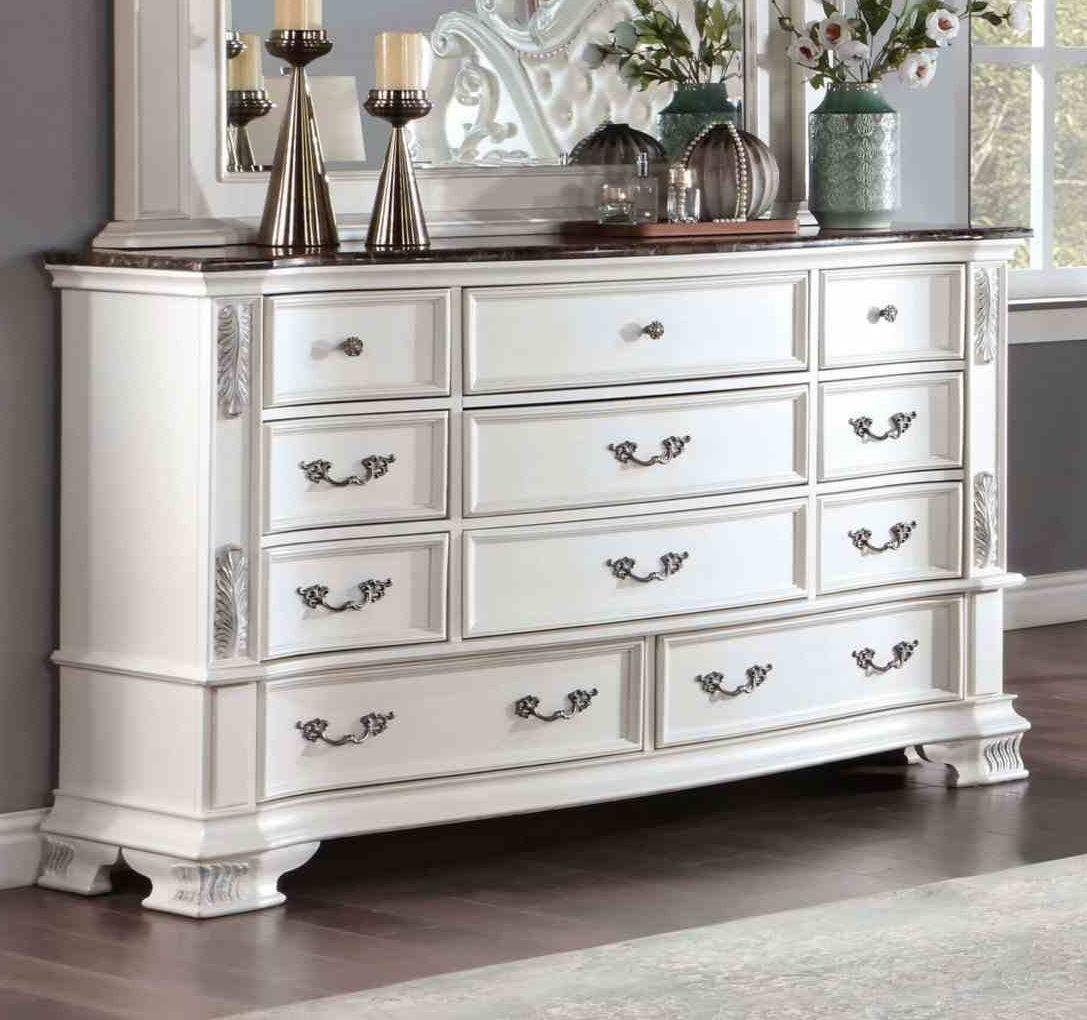 Luxury White 1pc Dresser Dovetail Drawers Genuine Marble Top Bronze Round Knob and Hanging Pulls Bedroom