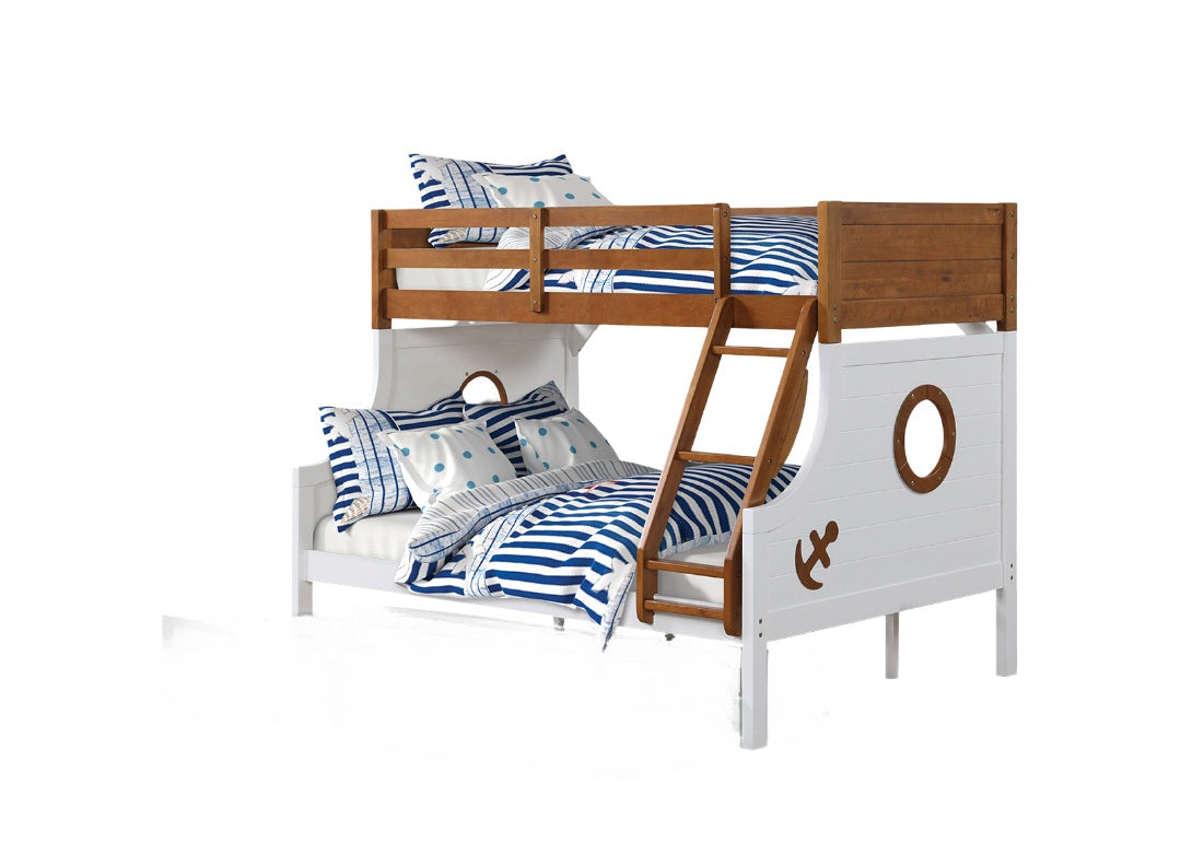 Modern Novelty Style Twin Over Full Bunk Bed With Attached Angled Ladder Rails And Lock Joint Structure For Safety Oak Finish Upper Bed White Finish Lower Bed - sold by Home Elegance USA
