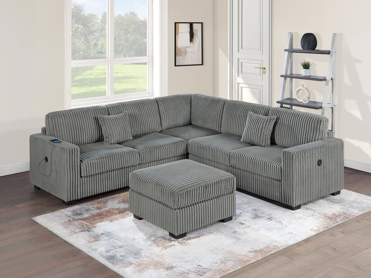 Living Room Corduroy Upholstered Smoke 4pc Sectional Set RAF/LAF One-Arm Loveseat W/USB, Corner Wedge, Cocktail Ottoman Cushion Couch