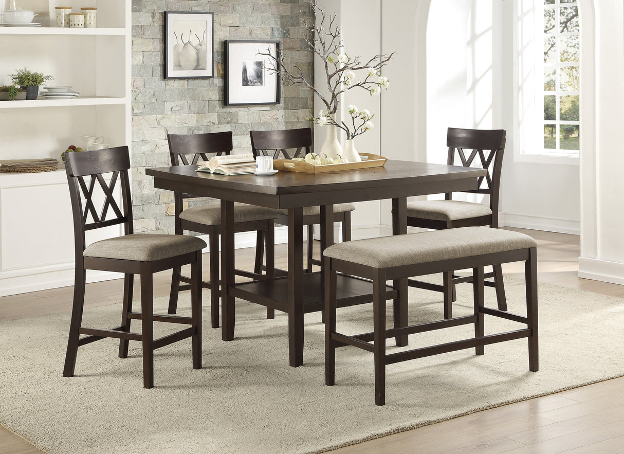 Dark Brown Finish Counter Height Table with Lazy Susan Lower Display Shelf and 4x Counter Height Chairs Bench Contemporary Dining 6pc Set Wooden Furniture - sold by Home Elegance USA
